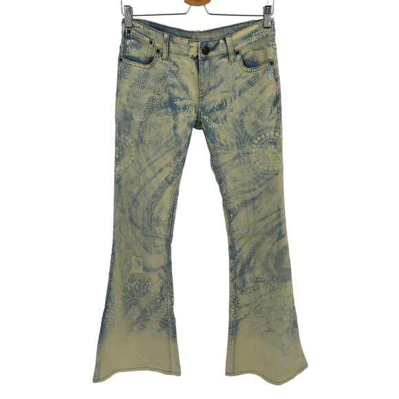 Free People Womens 24 Blue Bleached Dotted Swirl Flare Denim Jeans Pants Pockets - Picture 1 of 13